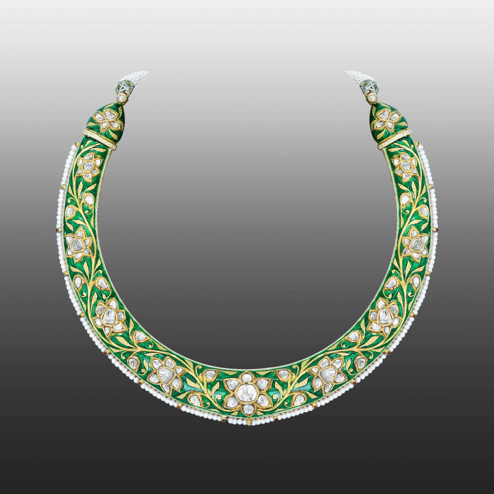 Green Enamel Hasli with Polki Diamonds and Pearl Accents